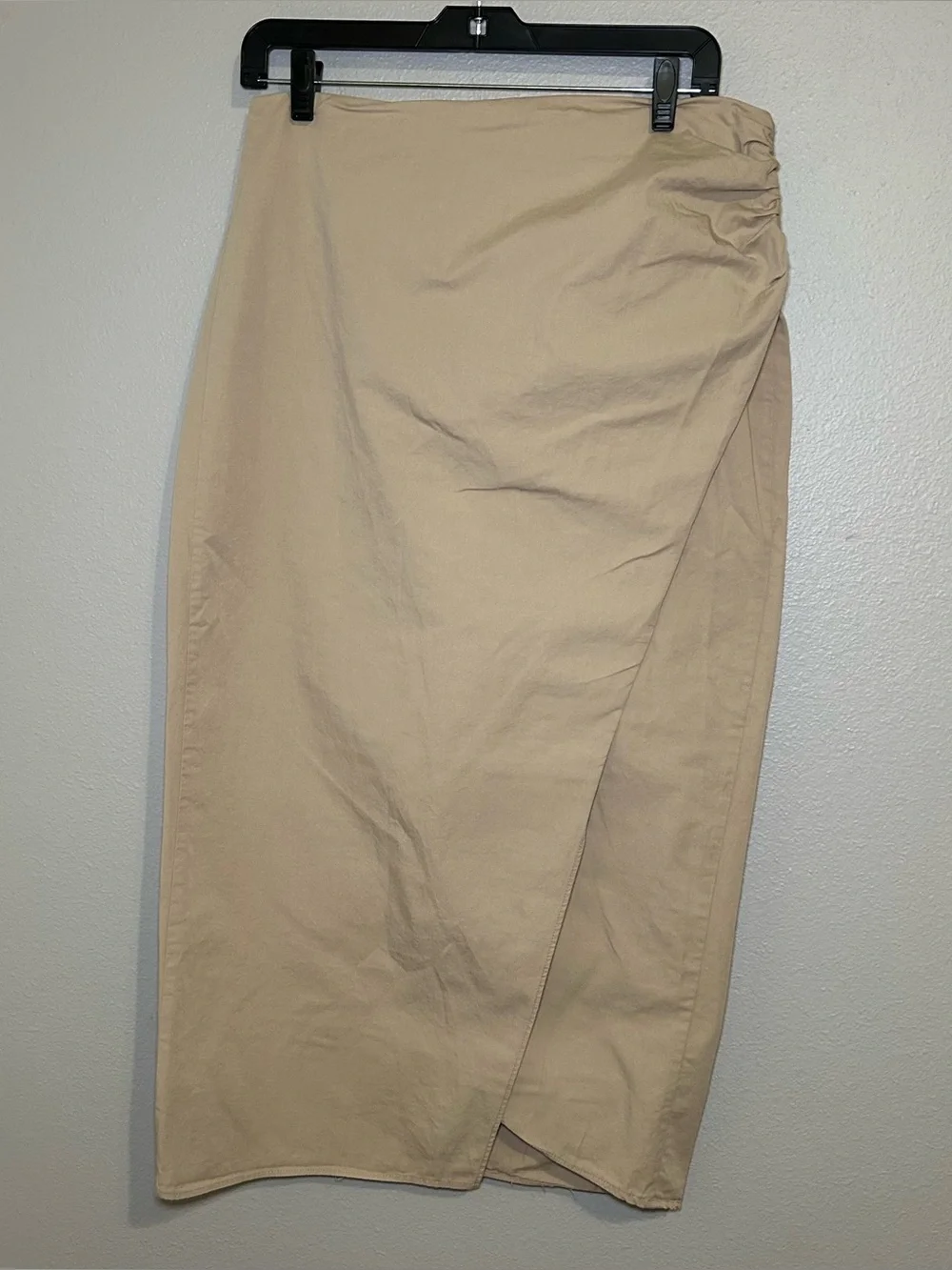 Zara Neutral 100% Cotton Asymmetric Ruched Wrap Midi Skirt Women’s Size Large
